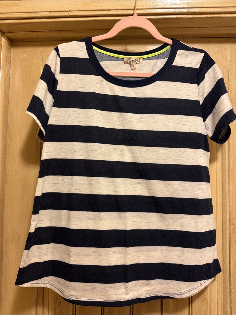 Lavish Navy & White Striped Short Sleeve Tee with Neon Trim
